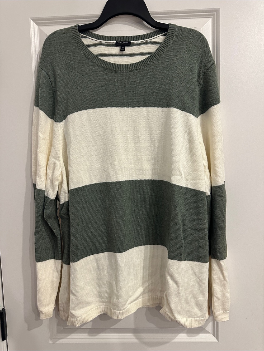 Talbots Plus Olive Green and Cream Striped Knit Sweater
